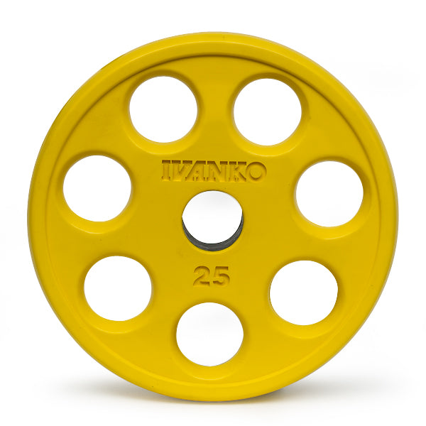 Ivanko 25lb ROEZH Olympic rubber E-Z Lift Plate, Yellow