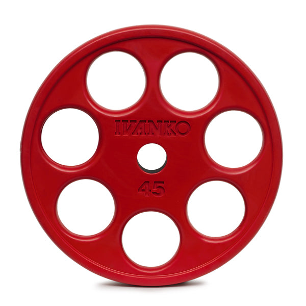 Ivanko 45lb ROEZH Olympic rubber E-Z Lift Plate, Red
