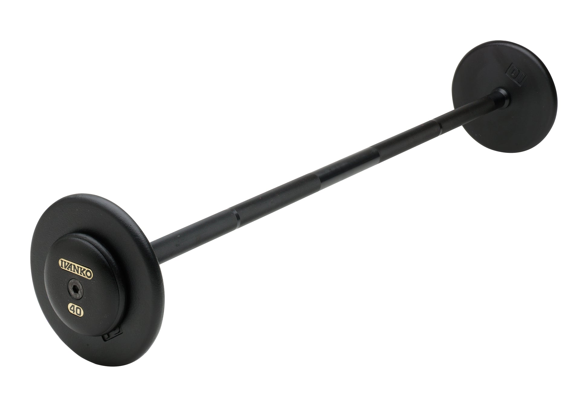 Ivanko straight-bar fixed barbell with black cast iron plates
